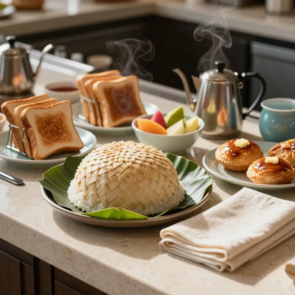 Paket sarapan hotel dengan nasi lemak, roti bakar, buah, kopi dan pastri panas berwap.