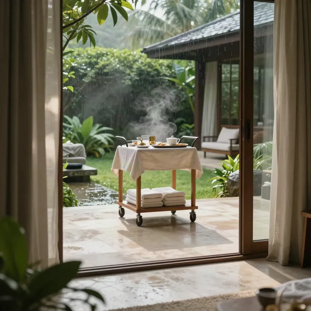 Suite lodge mewah menghadap taman selepas hujan, troli sarapan dan tuala tersusun