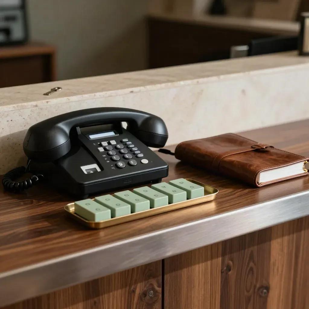 Set tempahan tenang dengan gagang telefon, pembaca kad, cip status bilik dan buku catatan tertutup.