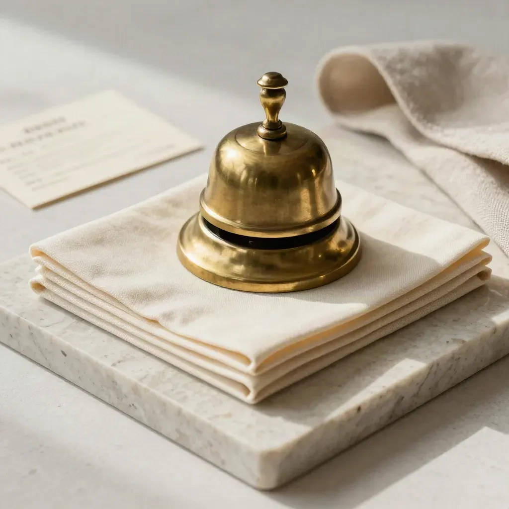 Loceng meja gangsa, sarung kunci dan napkin linen di atas dulang batu travertin.