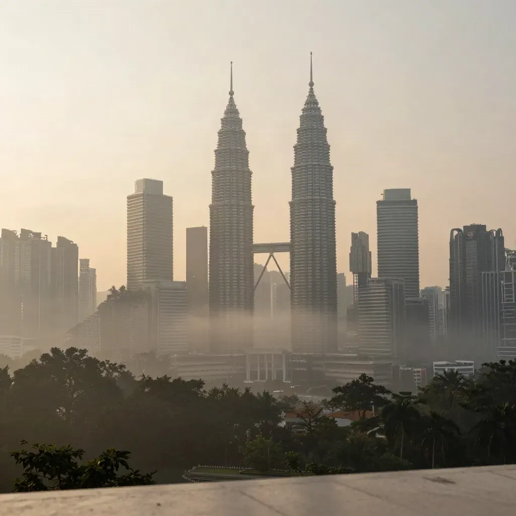 Garis langit Lembah Klang subuh dengan kabus tebal dan cahaya hangat di atas pepohon