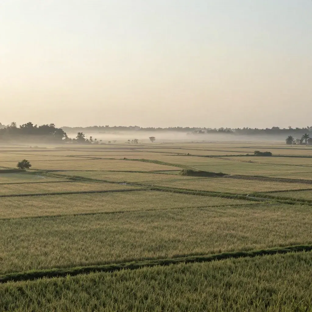 Pemandangan sawah berlapis dan banjaran rendah di Selangor Tengah diselubungi kabus pagi.